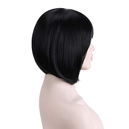BARSDAR 11" Black Short Straight Bob Wigs with Flat Bangs Hair Christmas Party Costume Thanks Giving Day Daily Use